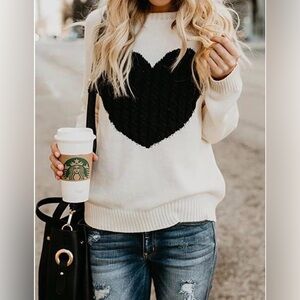 Ye Mak Women's Cream Sweater Black Heart Cable Knit Design Medium Cotton Blend